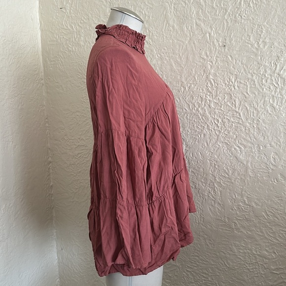 Zara Rose Pink Smocked High Neck Tiered Bell Sleeve Top Blouse Small - Picture 7 of 8